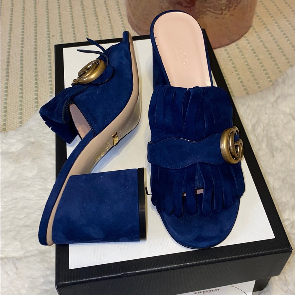 Gucci Women's GG Navy Fringe Sandals - Picture 3 of 11